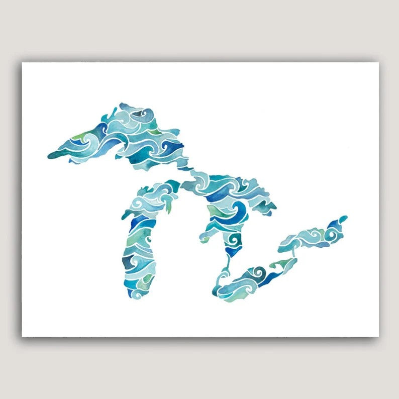 Wavy Lakes Surround Michigan Watercolor