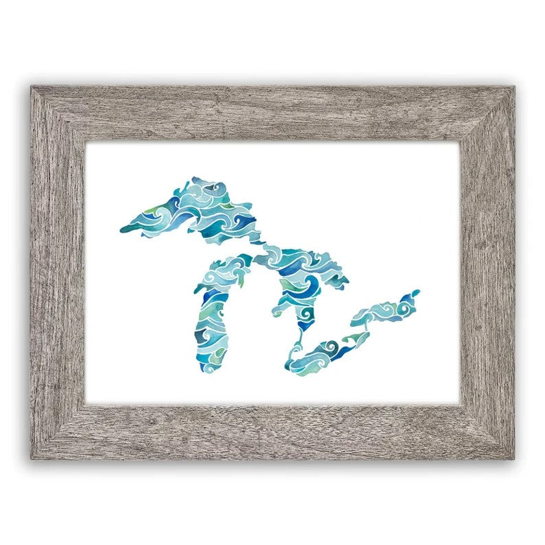 Wavy Lakes Surround Michigan Watercolor