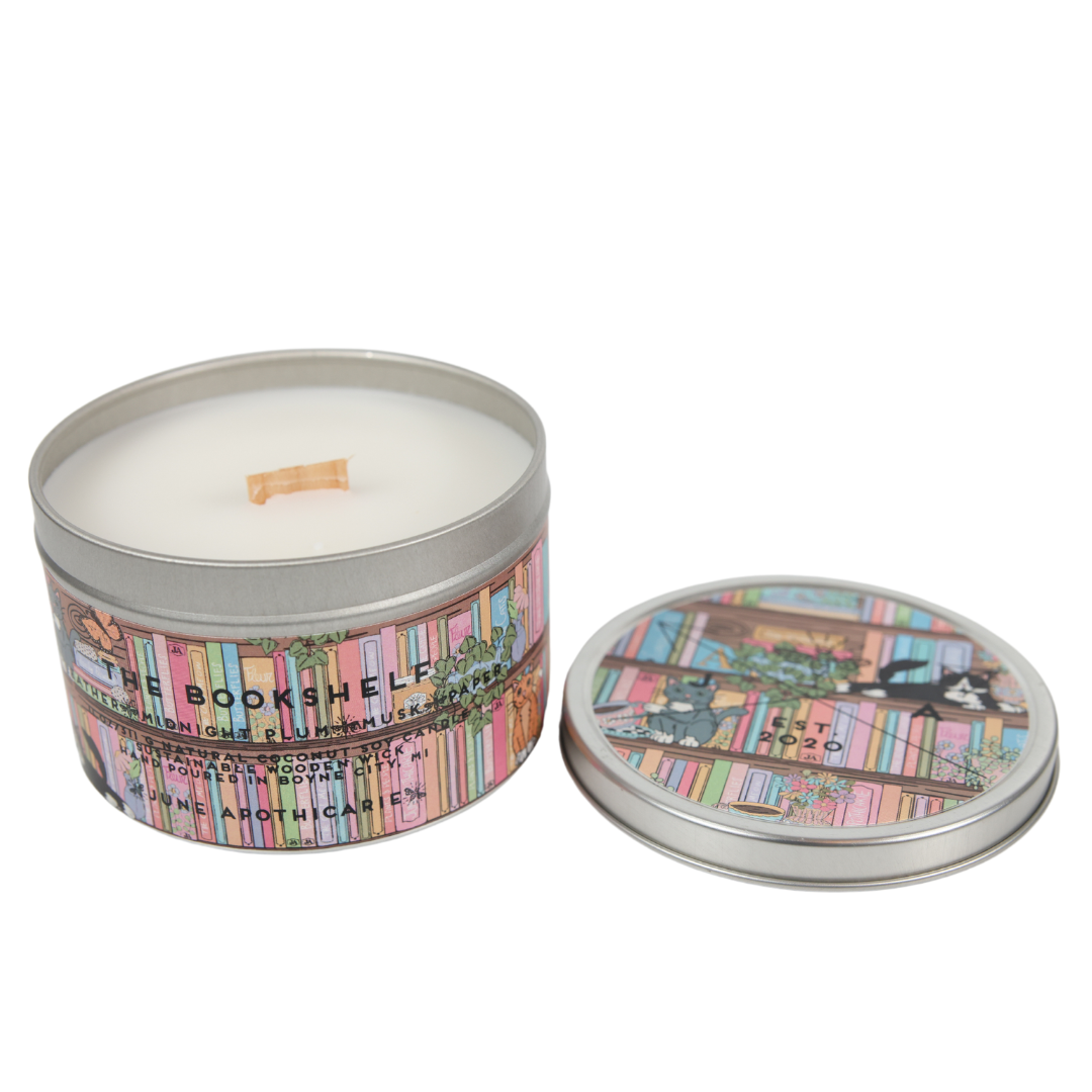 The Bookshelf Wooden Wick 11 oz Tin Candle