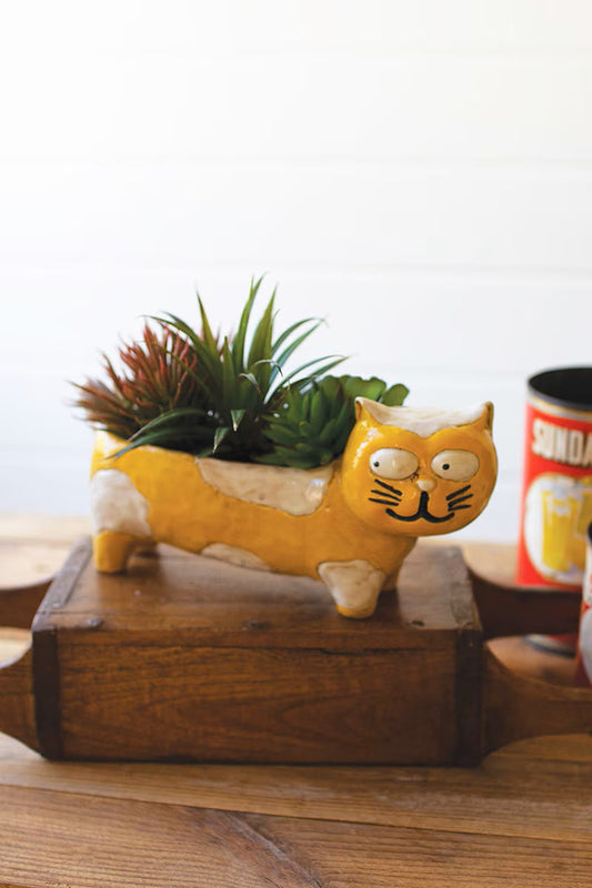 Ceramic Yellow and White Cat Planter